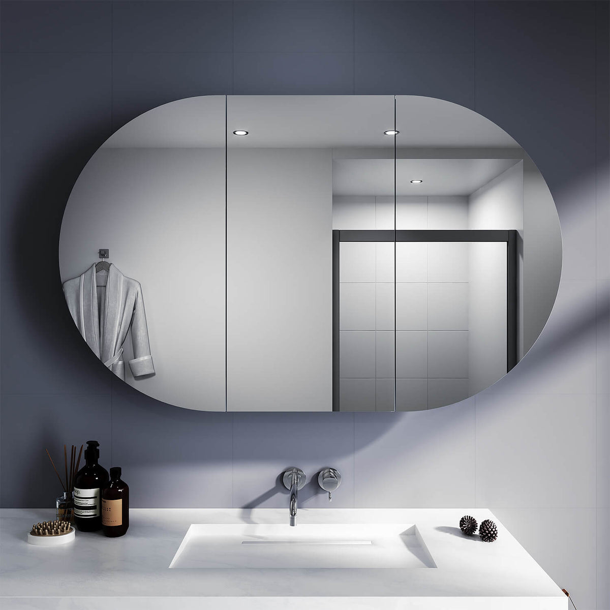 Oval Mirror Cabinet Medicine Shaving Bathroom Wall Hung or In-wall 1200x750mm - Elegantshowers