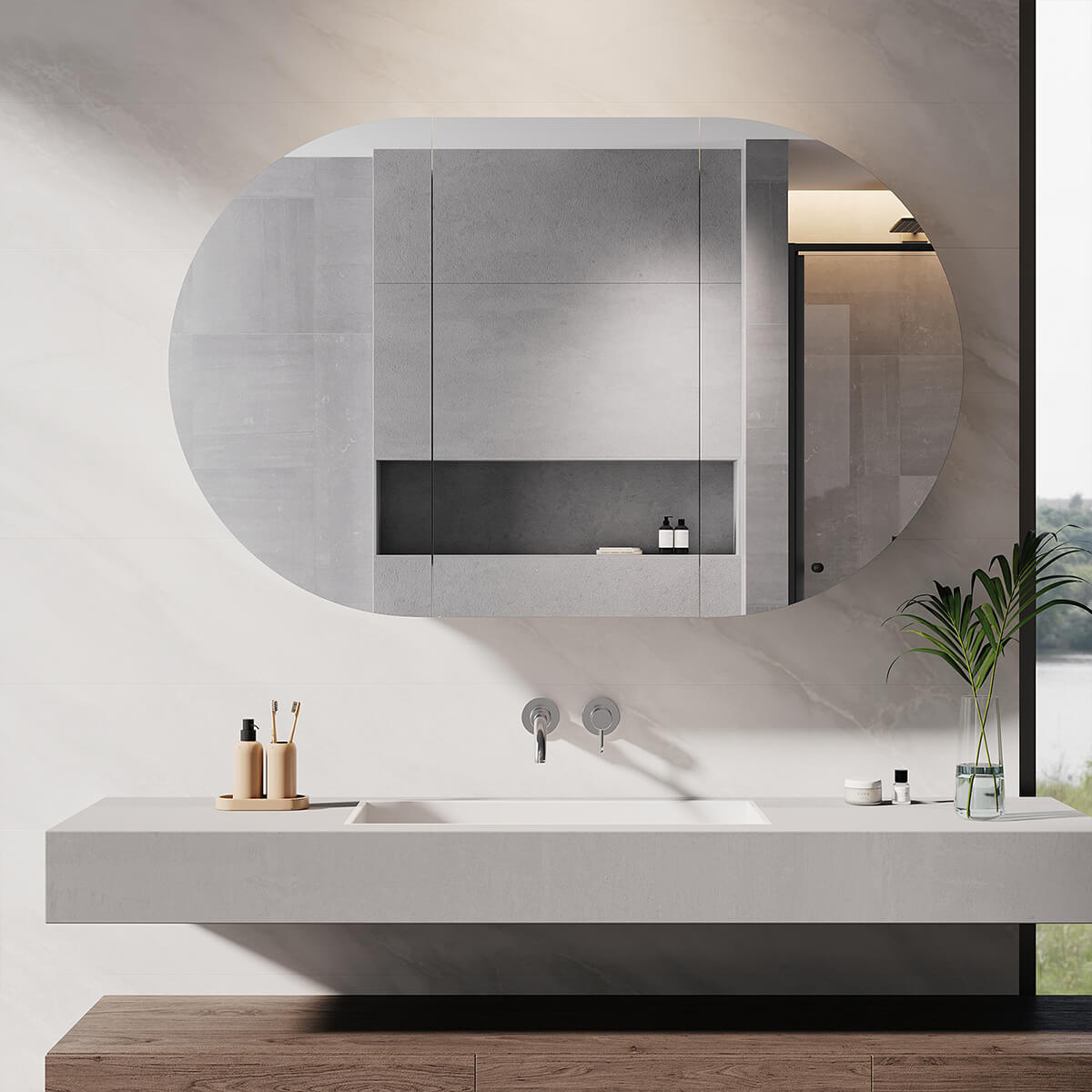 Oval Mirror Cabinet Medicine Shaving Bathroom Wall Hung or In-wall 1200x750mm Black - Elegant Showers AU