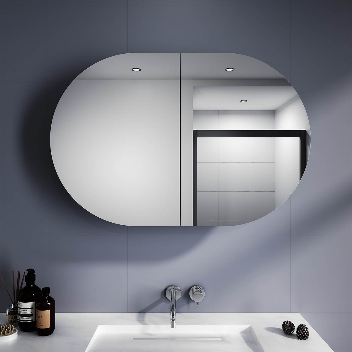 Oval Mirror Cabinet Medicine Shaving Bathroom Wall Hung or In-wall 900x600mm - Elegantshowers