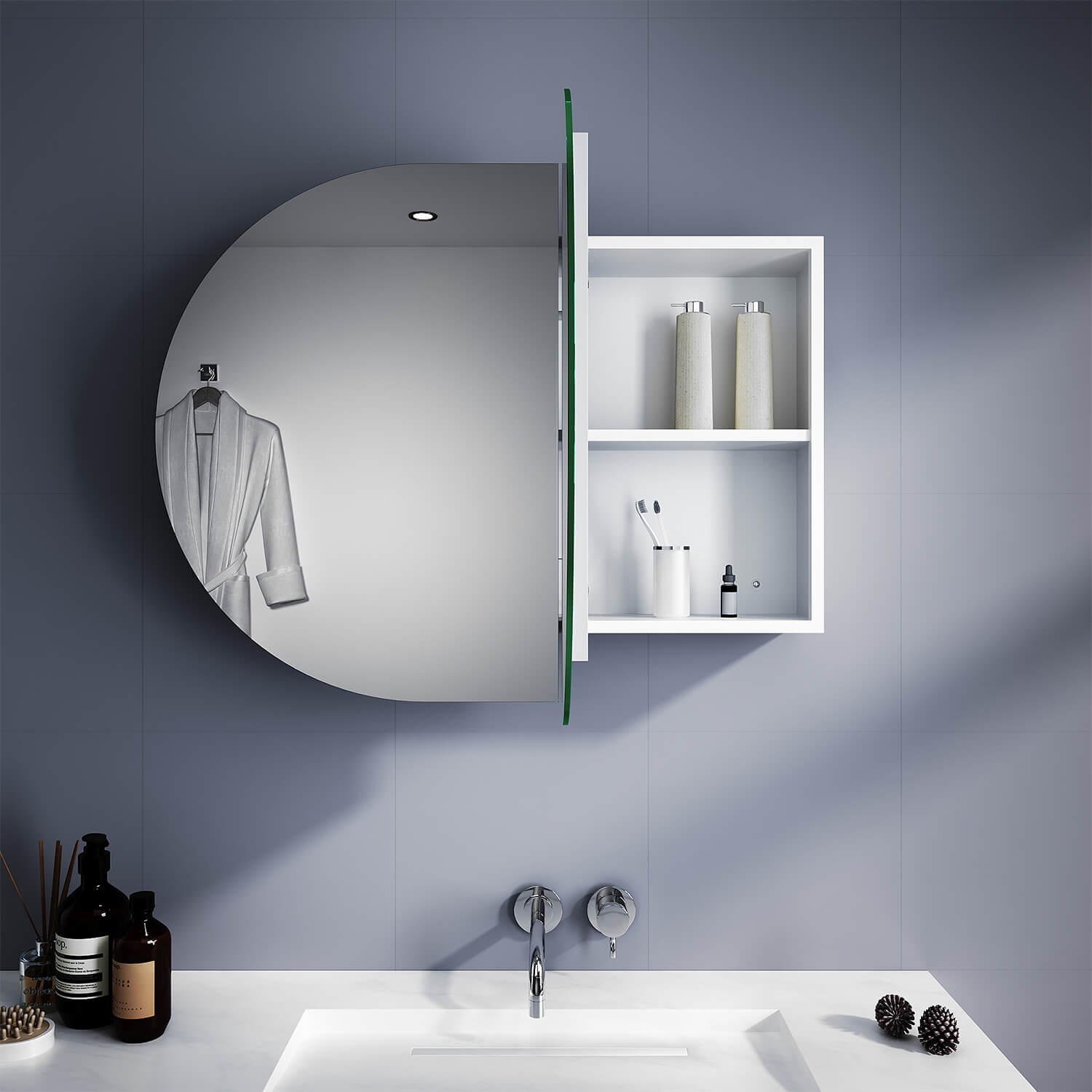 White 900x600mm Oval Mirror Cabinet Medicine Shaving Bathroom Wall Hung or In-wall