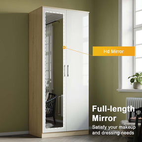 2 Door Wardrobe With Mirror High Gloss Large Storage Cupboard Furniture - Elegant Showers AU