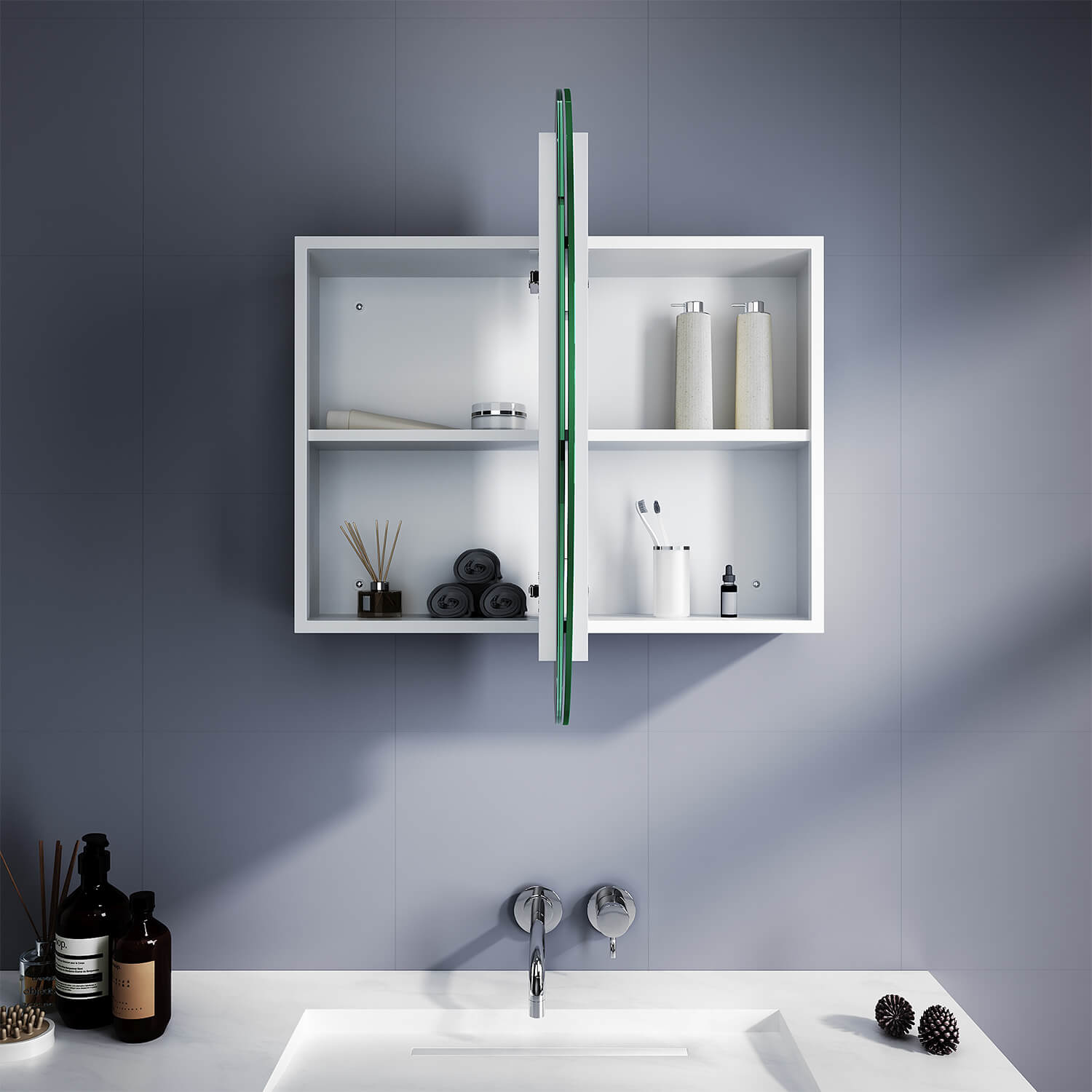 White 900x600mm Oval Mirror Cabinet Medicine Shaving Bathroom Wall Hung or In-wall
