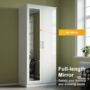 2 Door Wardrobe With Mirror High Gloss Large Storage Cupboard Furniture - Elegant Showers AU