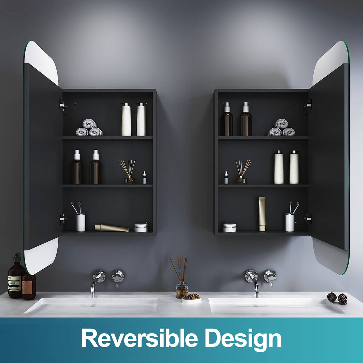 Rectangle Mirror Cabinet Medicine Shaving Bathroom Wall Hung/In-wall 450x900mm Black - Elegant Showers AU
