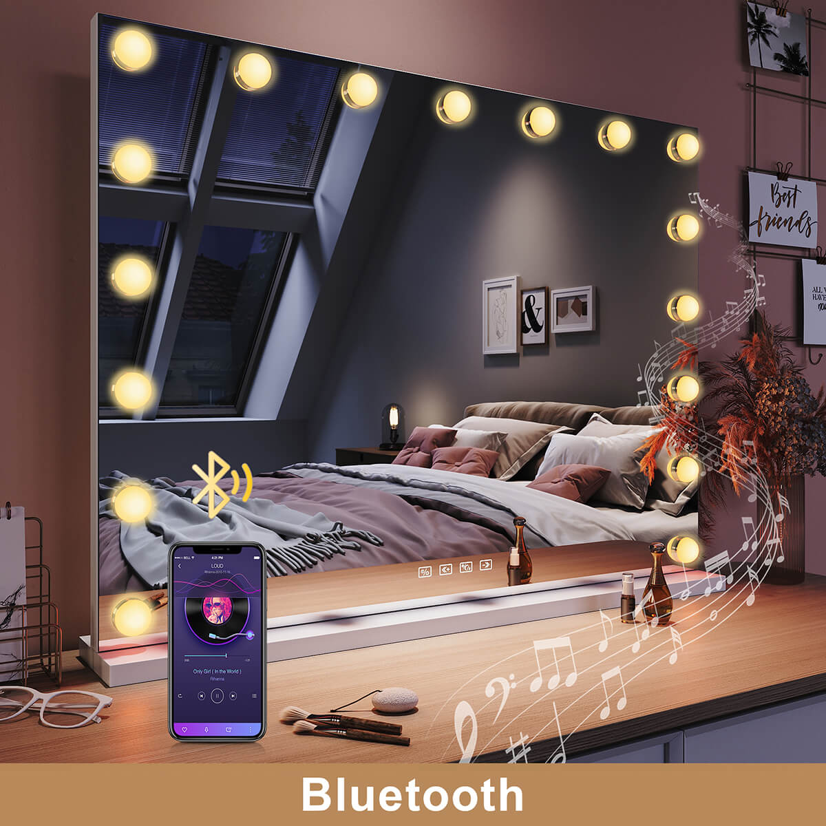 Hollywood Vanity Makeup LED Mirror with Bluetooth & USB Charge - Elegantshowers