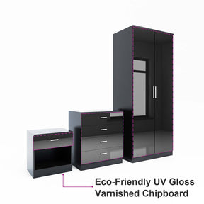 2 Door Wardrobe With Mirror High Gloss Large Storage Cupboard Furniture - Elegant Showers AU