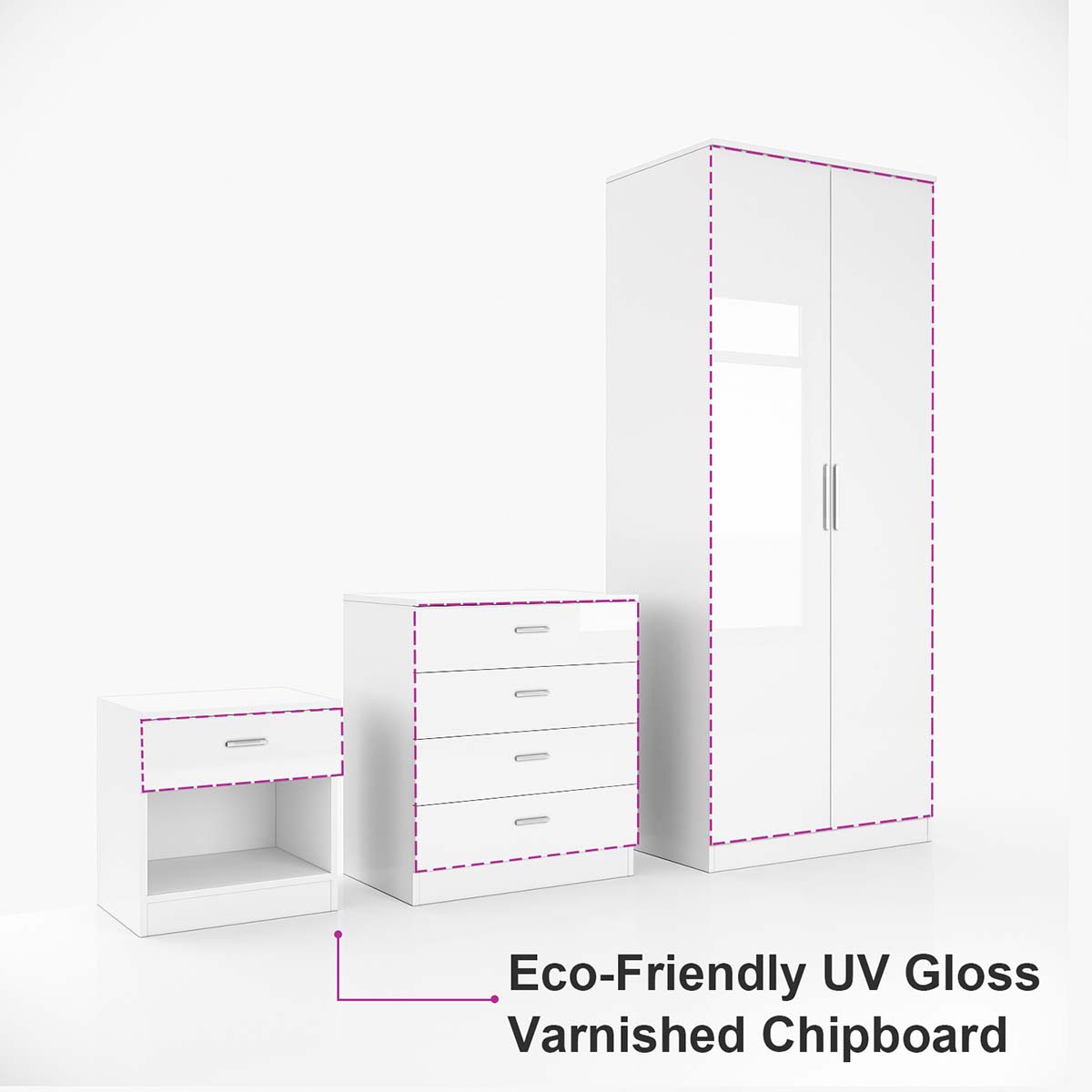 2 Door Wardrobe With Mirror High Gloss Large Storage Cupboard Furniture - Elegant Showers AU