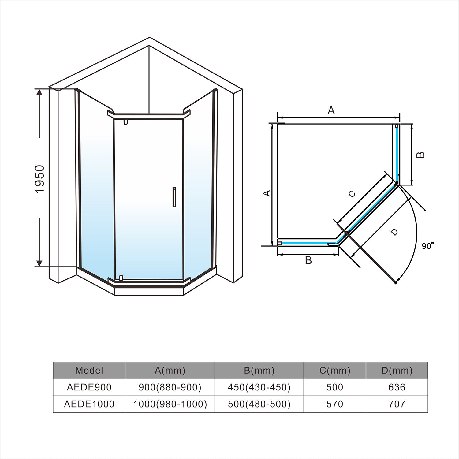 ELEGANT SHOWERS Diamond Semi Frameless Shower Screen black 90cm-100cm