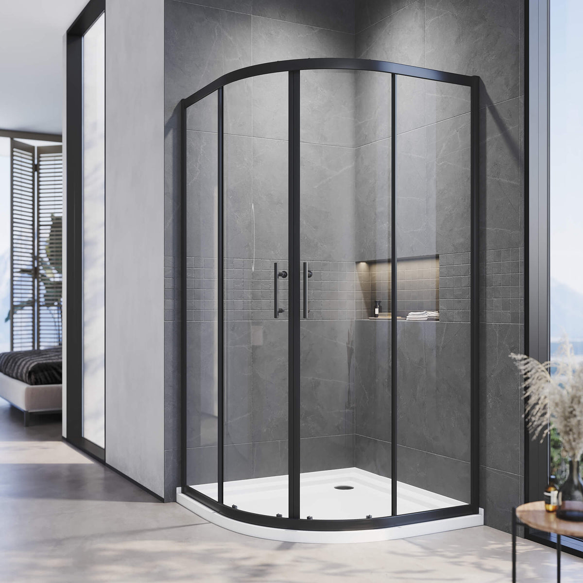 Curved Black Framed Sliding Shower Screen Enclosure, closed view, by Elegant Showers