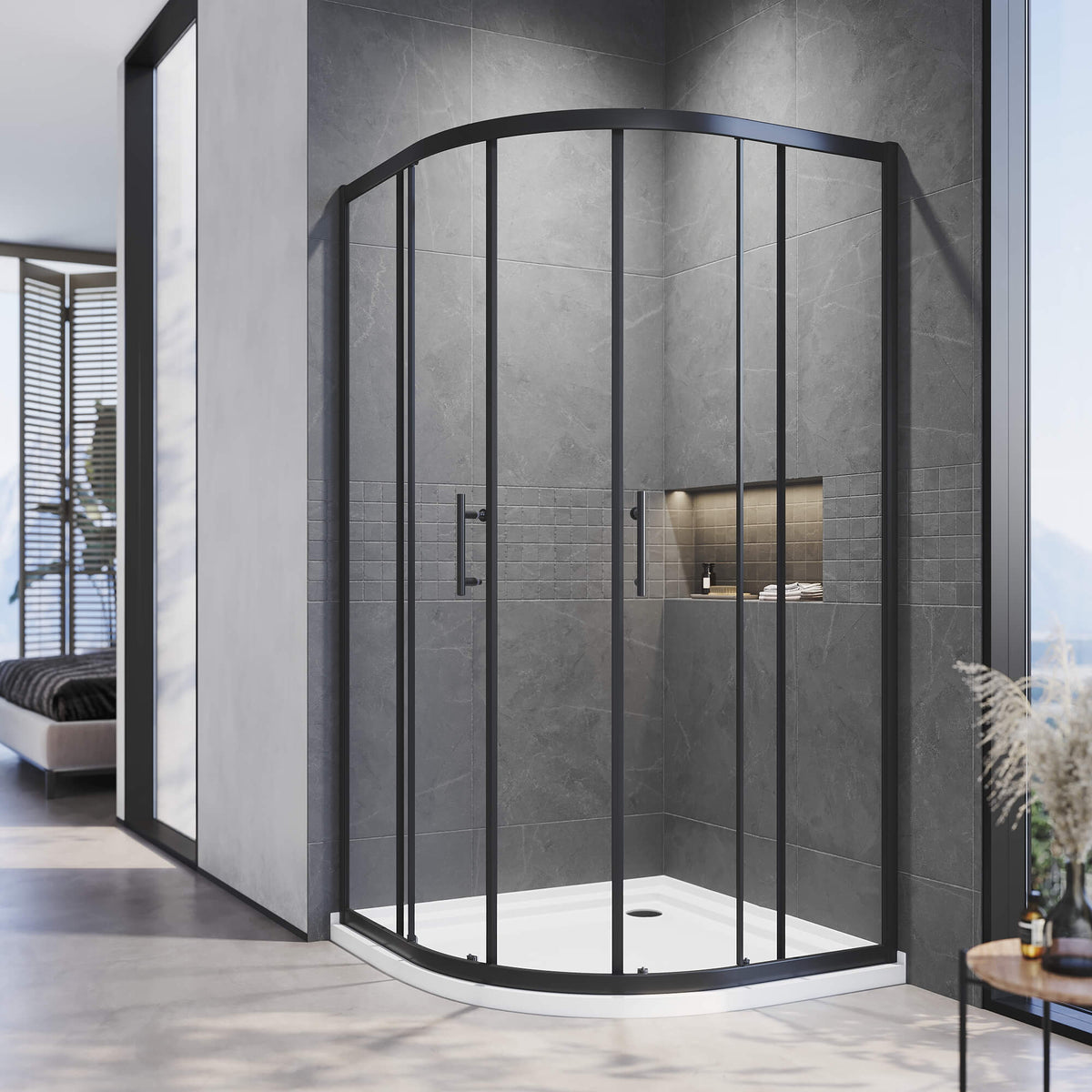 Curved Black Framed Sliding Shower Screen Enclosure, half-open view