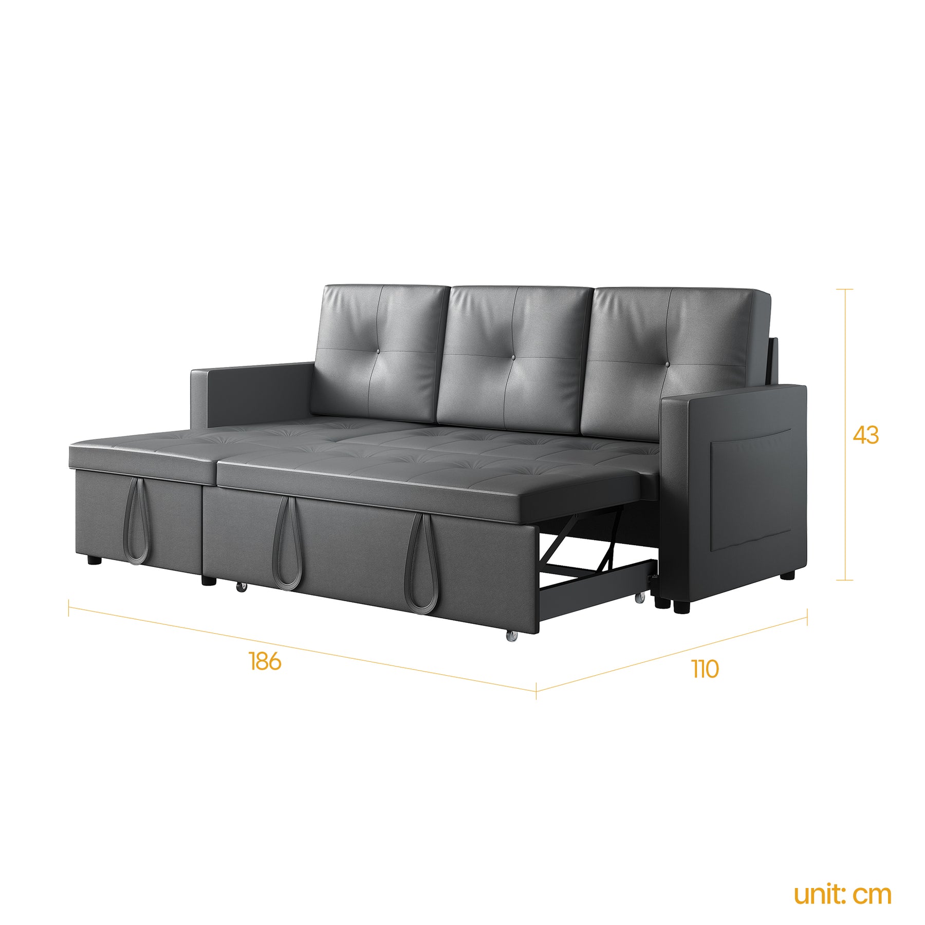 3 in 1 Corner Sofas with Pull-Out Bed, Hidden Storage and Plastic Legs, Dark Gray