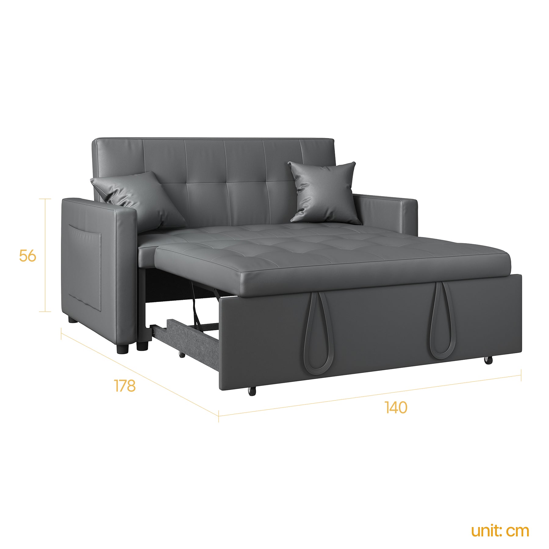 2 Seater Sofa Bed 3 in 1 with Storage, Hidden Pull-Out Bed, Adjustable Backrest and 2 Cushions, Dark Gray