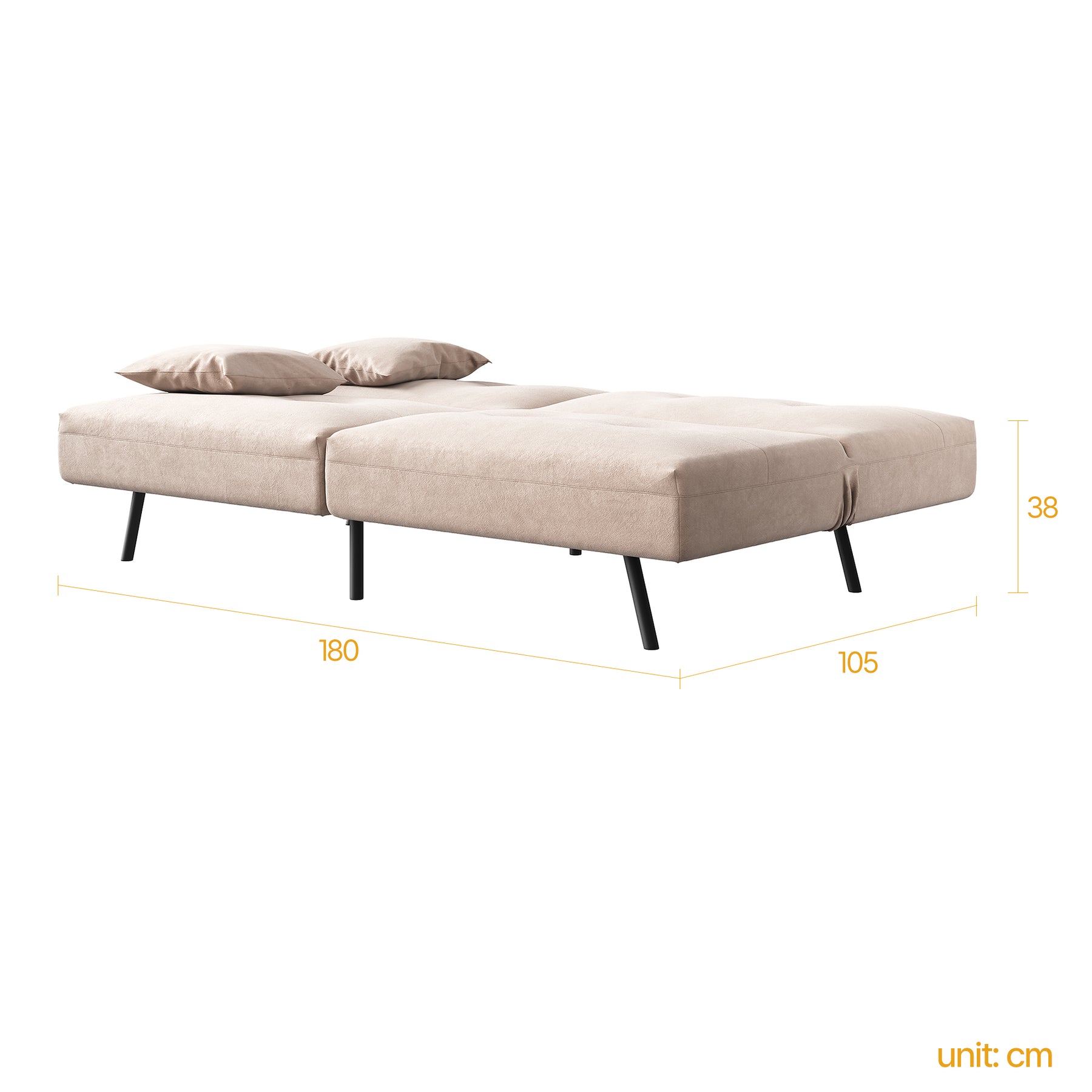 Sofa Bed 2 Seater with Sofa Bed Storage, Double Fold Design, Iron Legs, Adjustable Backrest and 2 Cushions, Khaki