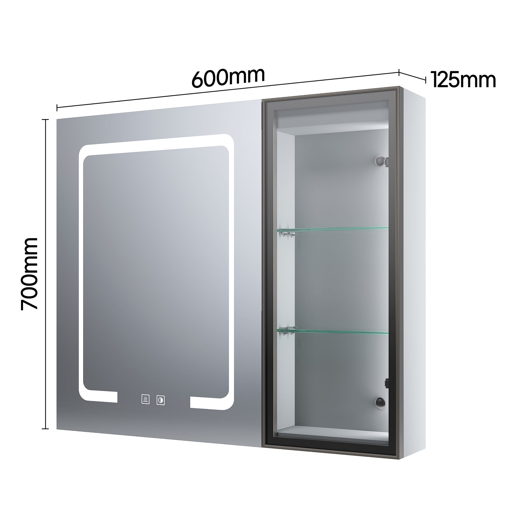 Bathroom cabinet with integrated mood lighting and glass shelves, Moroccan Gray, 700x600x125mm