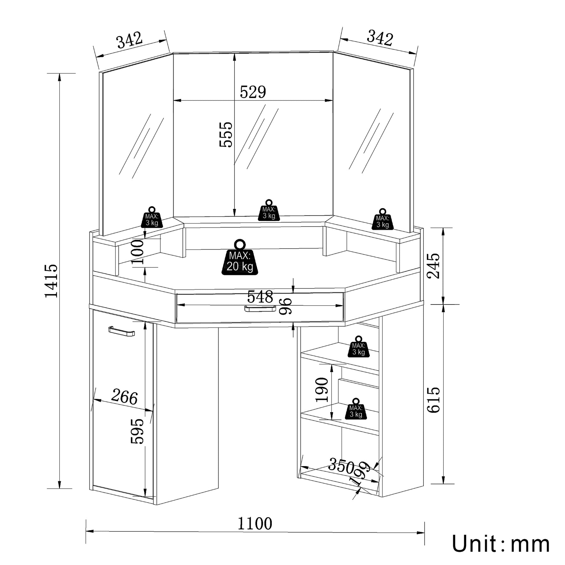 Corner dressing table with movable triple mirror, 3 open compartments, and 2 drawers, black