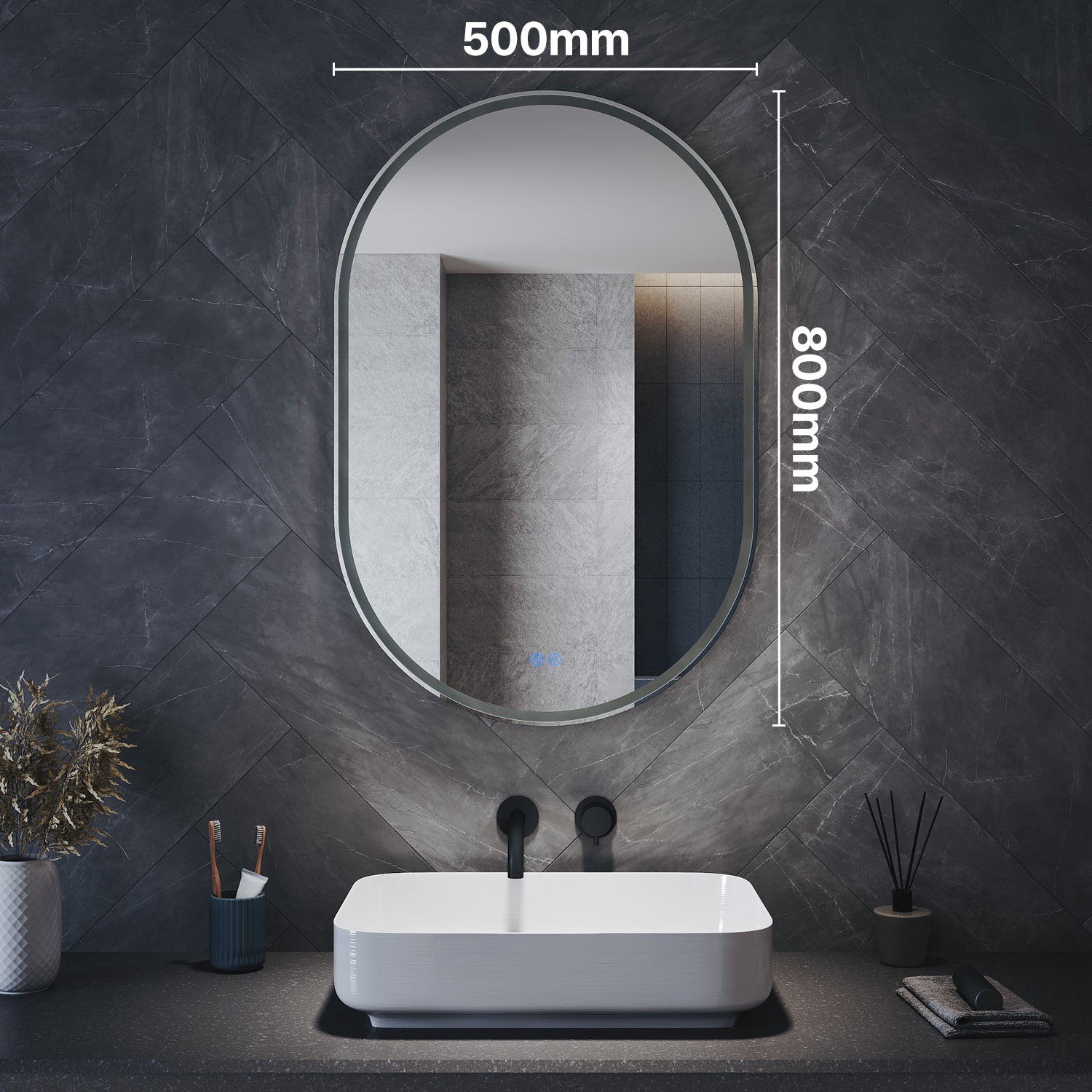 Oval LED bathroom mirror with anti-fog feature and shaver outlet, 800x500x35mm