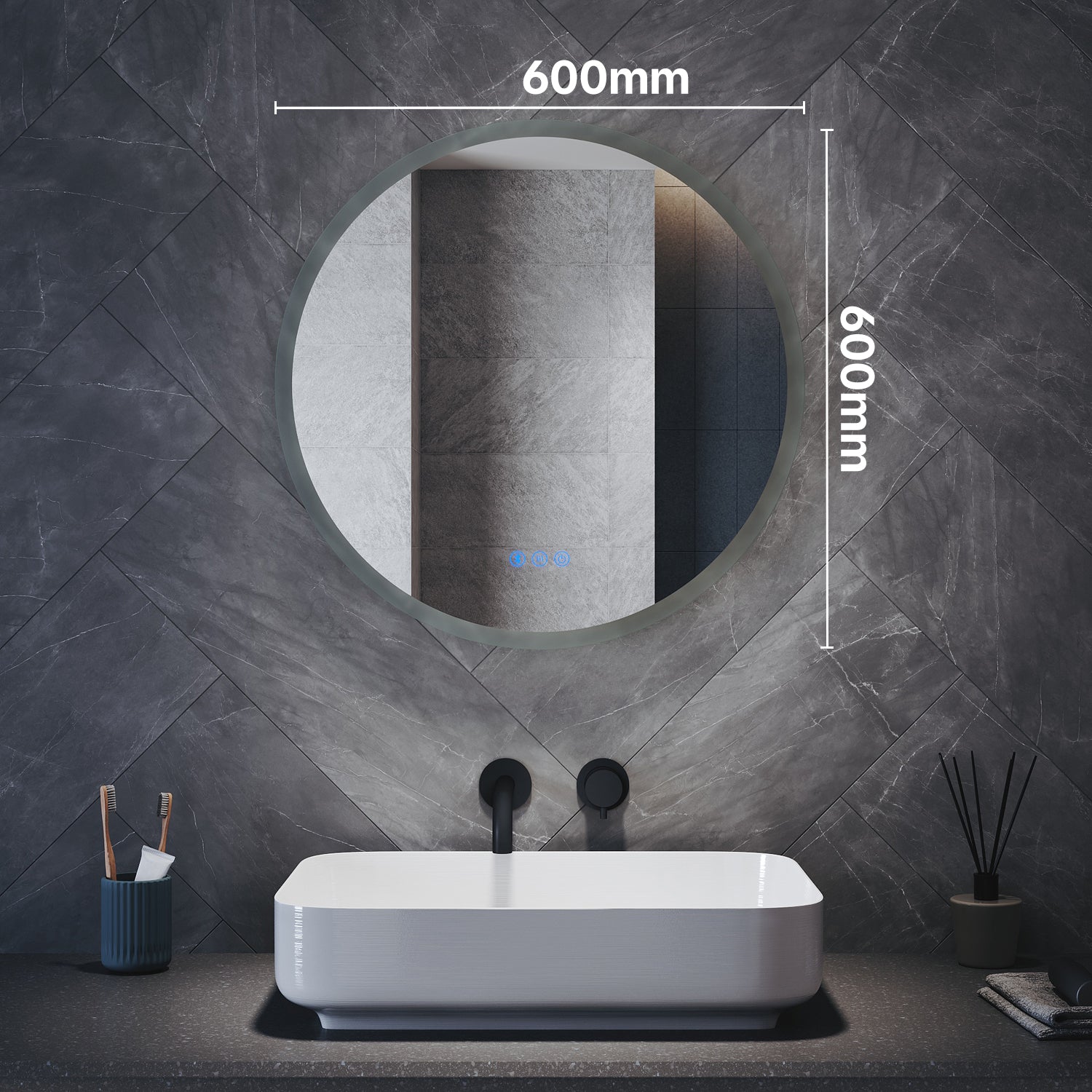 Round LED Bathroom Mirror with Touch Switch, Bluetooth, 3 Adjustable Light Colors, 600x600mm