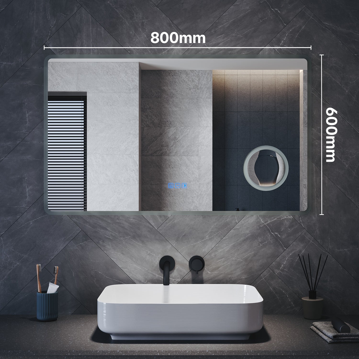 Lighted bathroom mirror with 3x magnification and wall outlet, memory function, 800x600x35mm