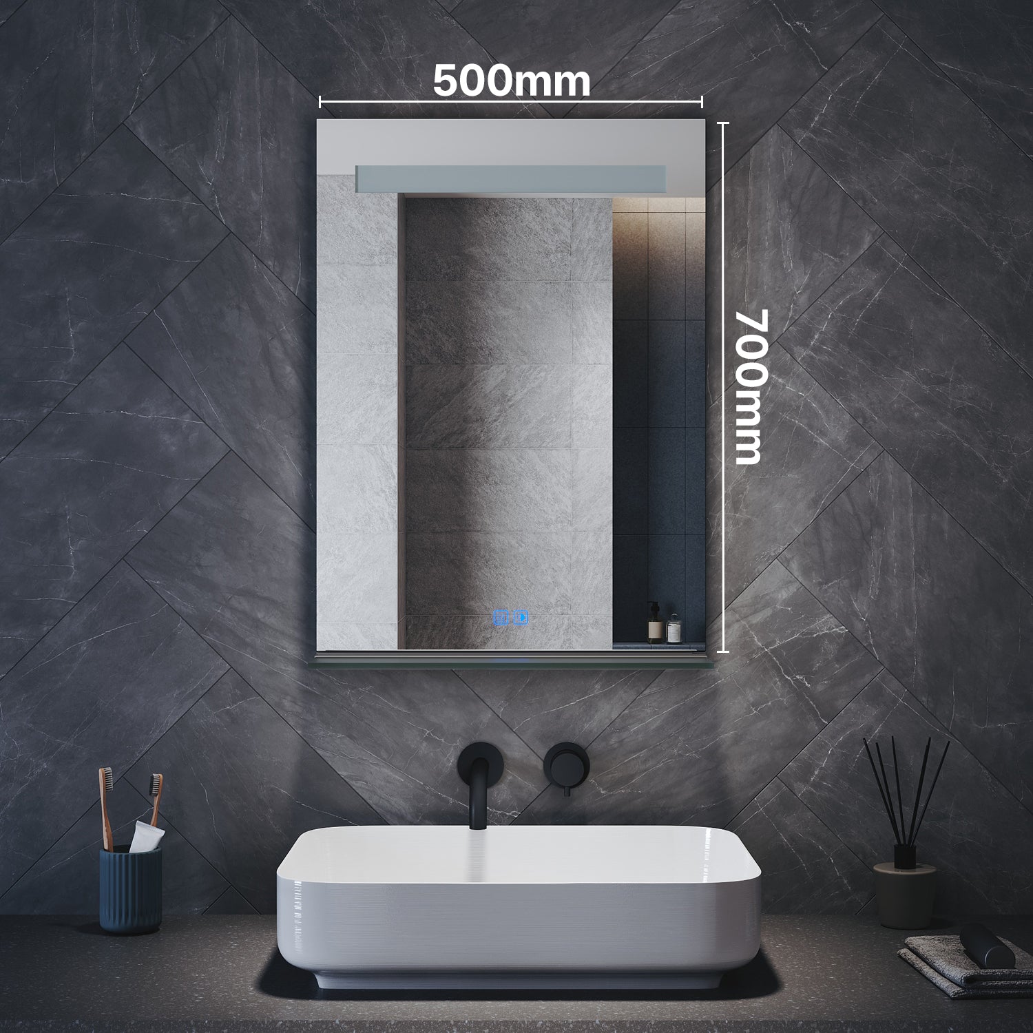 Square Bathroom Mirror with Lighting, 3 Light Colors with LED-Lit Shelf, 500x 700x35mm