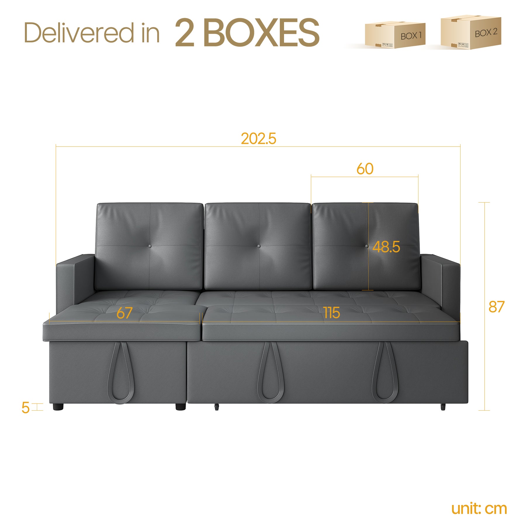 3 in 1 Corner Sofas with Pull-Out Bed, Hidden Storage and Plastic Legs, Dark Gray