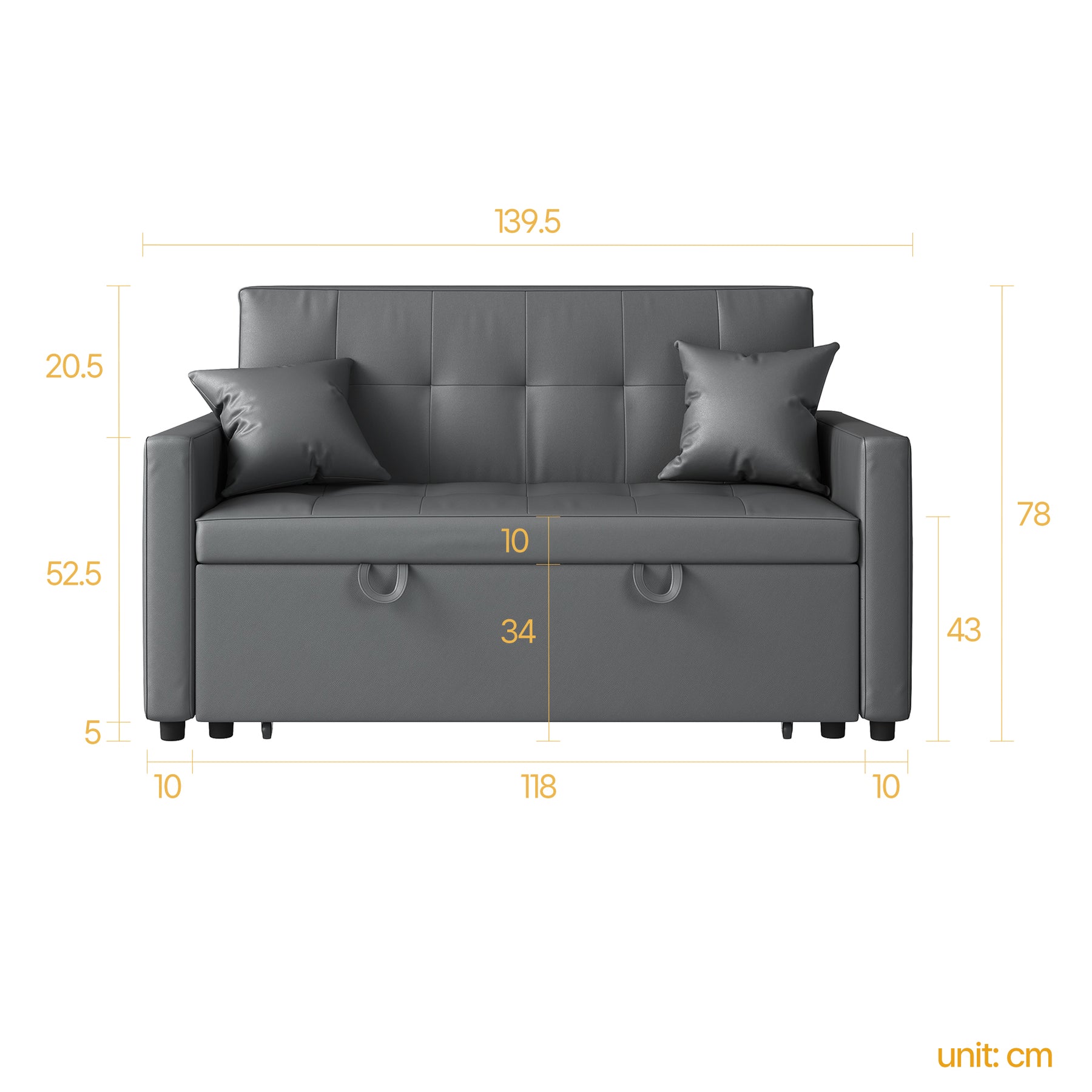 2 Seater Sofa Bed 3 in 1 with Storage, Hidden Pull-Out Bed, Adjustable Backrest and 2 Cushions, Dark Gray