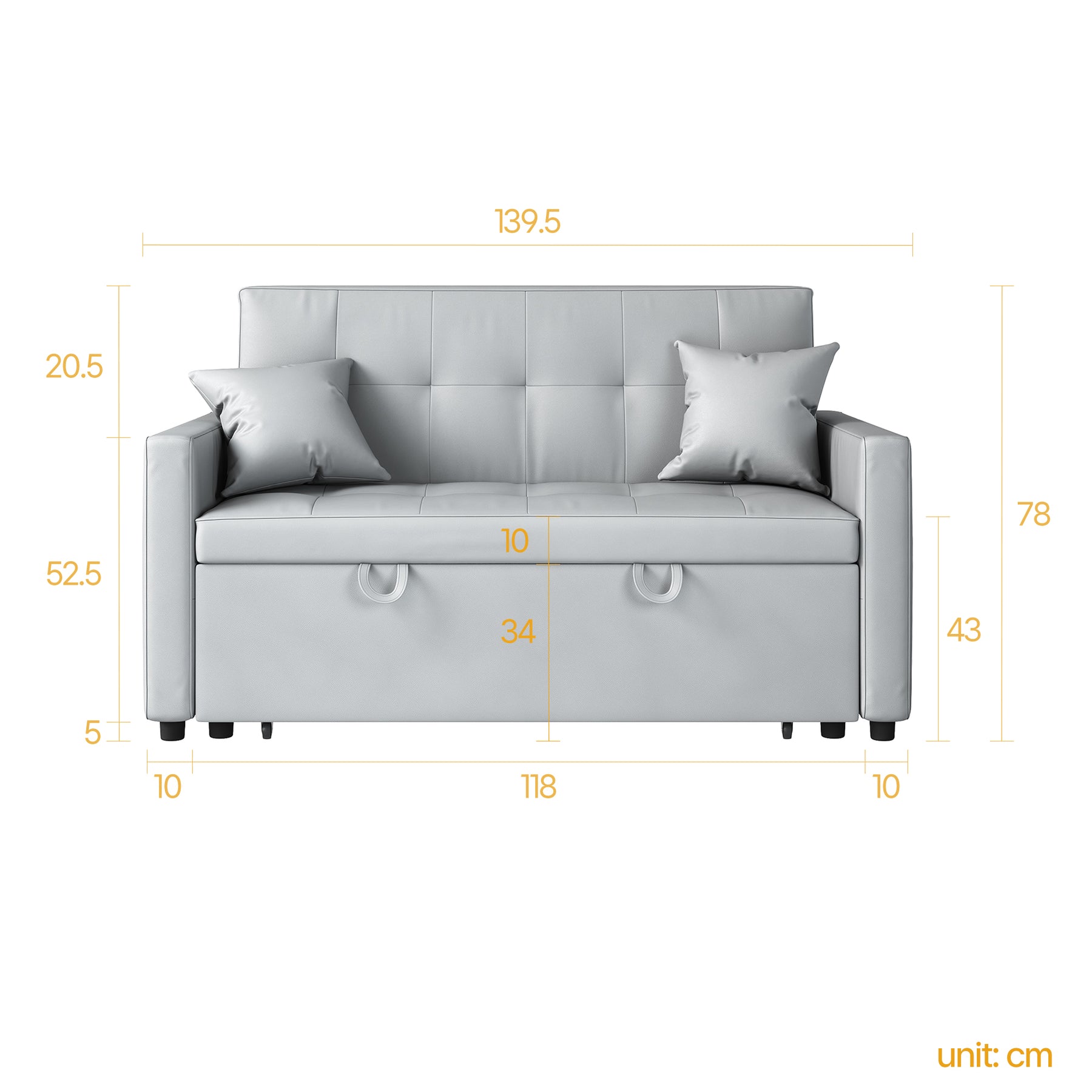 2 Seater Sofa Bed 3 in 1 with Storage, Hidden Pull-Out Bed, Adjustable Backrest and 2 Cushions, Light Gray