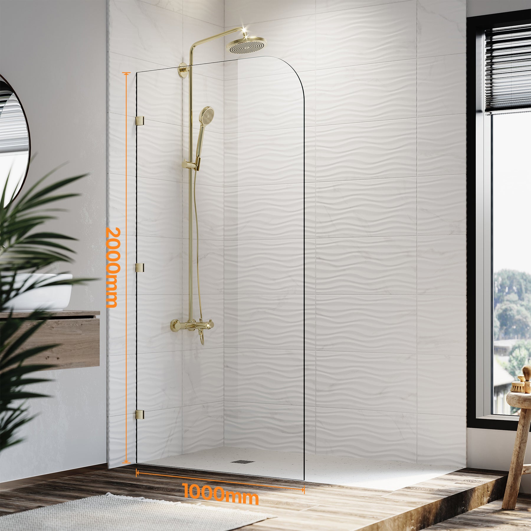 Elegant Showers Walk In Shower Frameless Screen Brushed Gold Hardware Fixed Panel 10mm Toughened Glass
