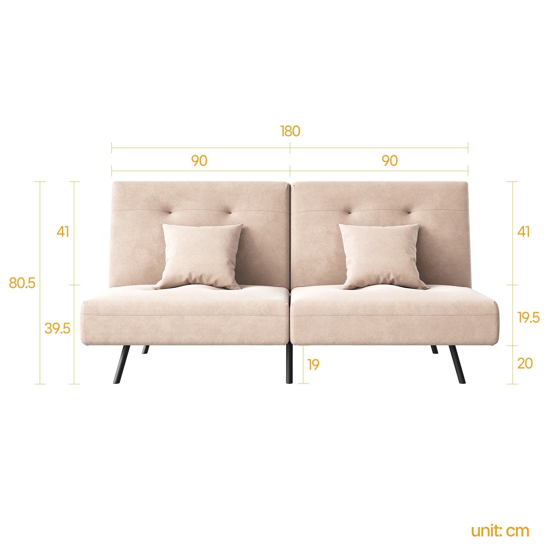 Sofa Bed 2 Seater with Sofa Bed Storage, Double Fold Design, Iron Legs, Adjustable Backrest and 2 Cushions, Khaki