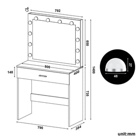 Dressing Table Vanity Set Stool Makeup 12 LED Bulbs Jewellery Organizer Cabinet - Elegantshowers