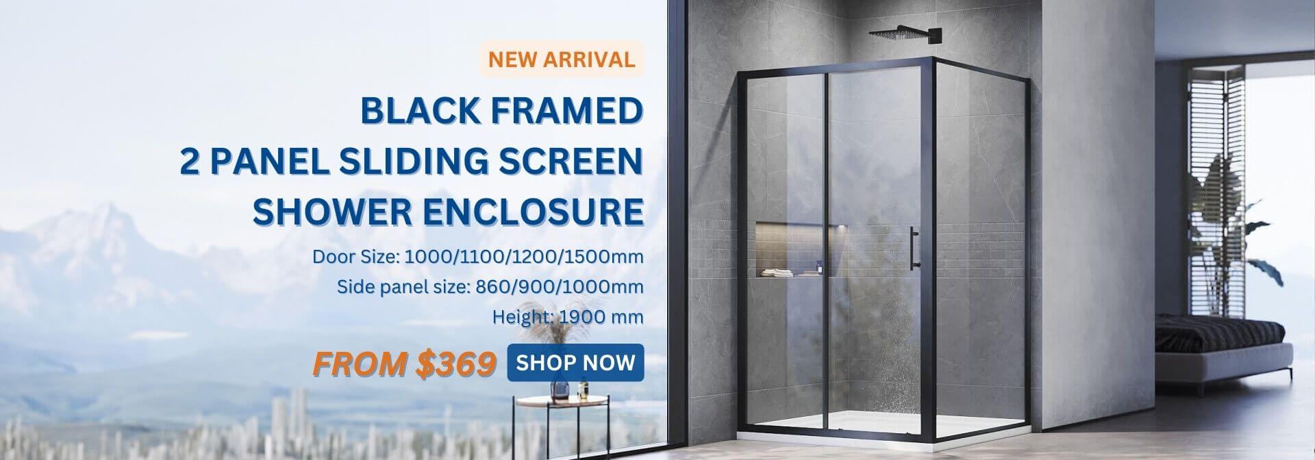 ELEGANTSHOWERS_Black_Framed_2_Panel_Shower_Enclosure_Sliding_Screen_banner_PC_2023091801