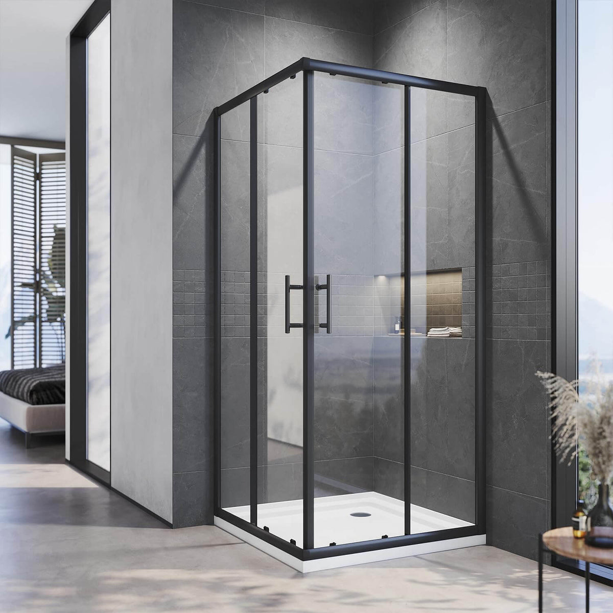 Black Framed Corner Rectangular Shower Enclosure with 2 Sliding Doors - closed