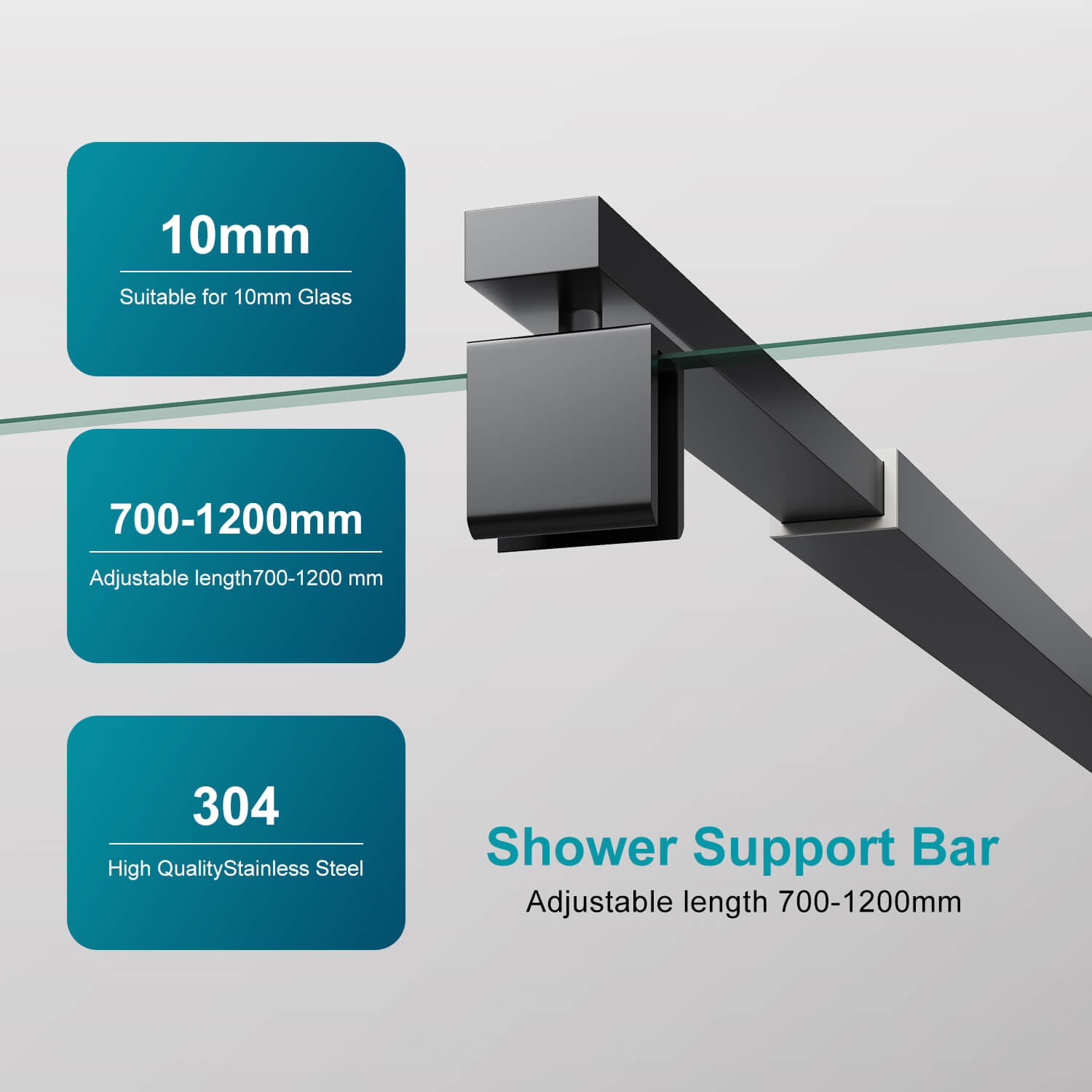 Adjustable length 700-1200mm Shower Screen Stainless Steel Support Bar Glass Panel Fixation - Elegant Showers AU