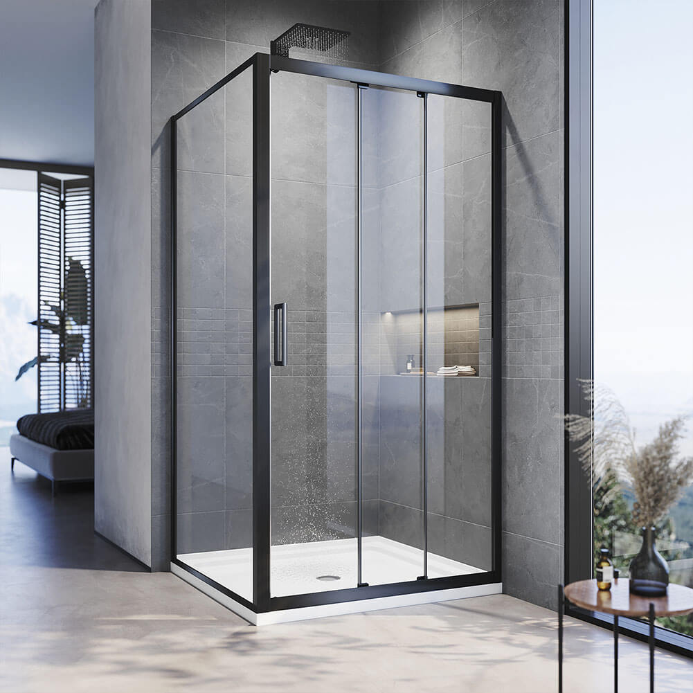 Black 3 Panel Sliding Door with Side panel Shower Enclosure - Elegantshowers