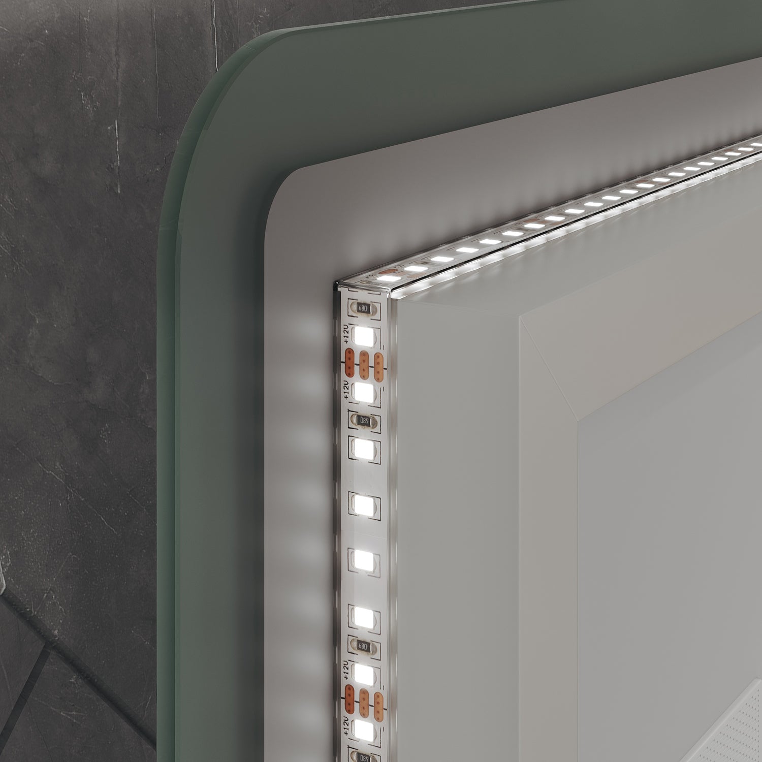 Lighted bathroom mirror with 3x magnification and wall outlet, memory function, 800x600x35mm