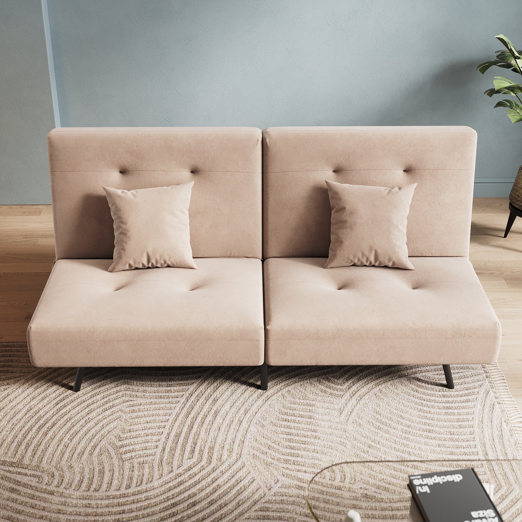 Sofa Bed 2 Seater with Sofa Bed Storage, Double Fold Design, Iron Legs, Adjustable Backrest and 2 Cushions, Khaki
