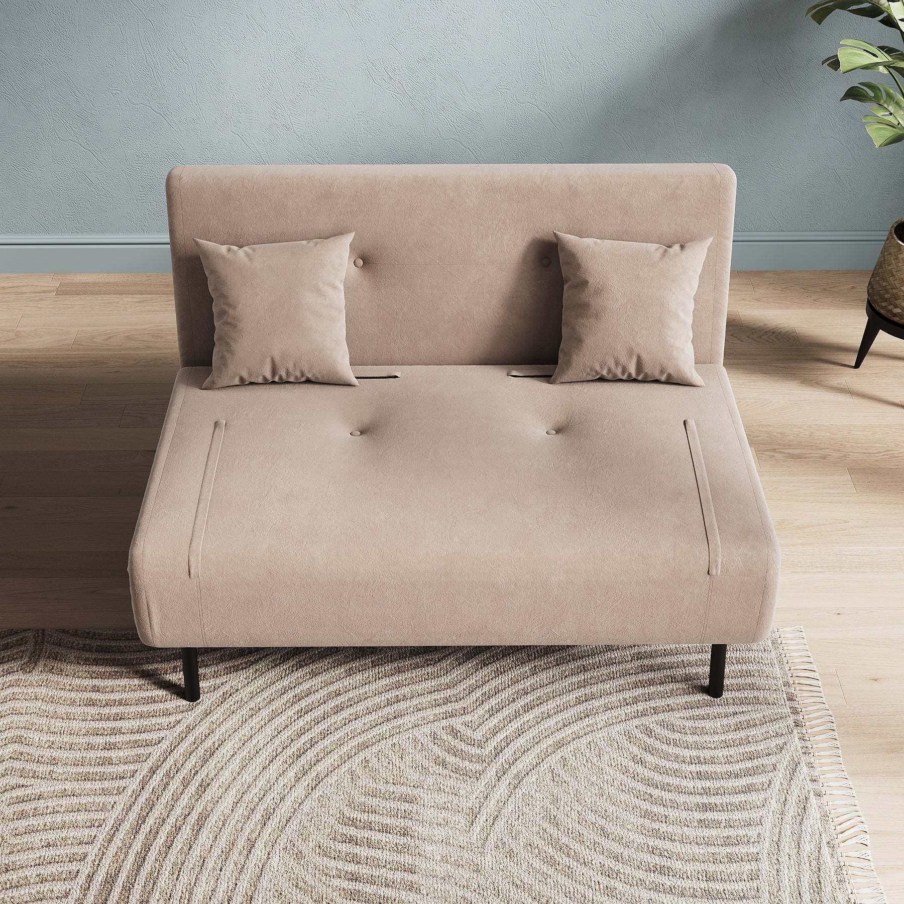 Sofa Bed with Sofa Bed Storage, 3 Fold Design, Iron Legs, 6-Level Backrest Adjustment and 2 Cushions, Khaki