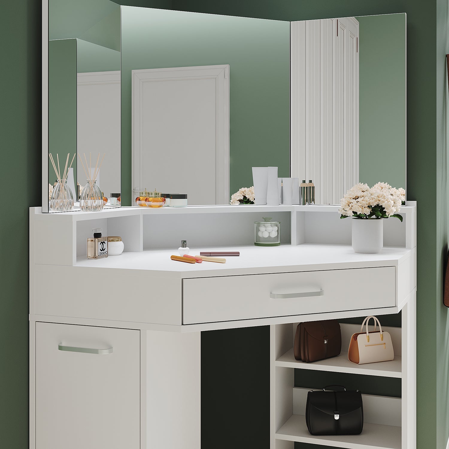 Corner dressing table with movable triple mirror, 3 open compartments, and 2 drawers, white