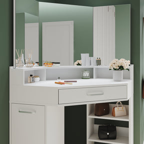 Corner dressing table with movable triple mirror, 3 open compartments, and 2 drawers, white