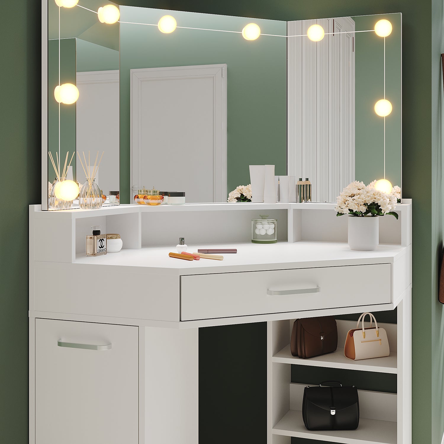 Corner dressing table with movable triple mirror, 3 open compartments, and 2 drawers, white