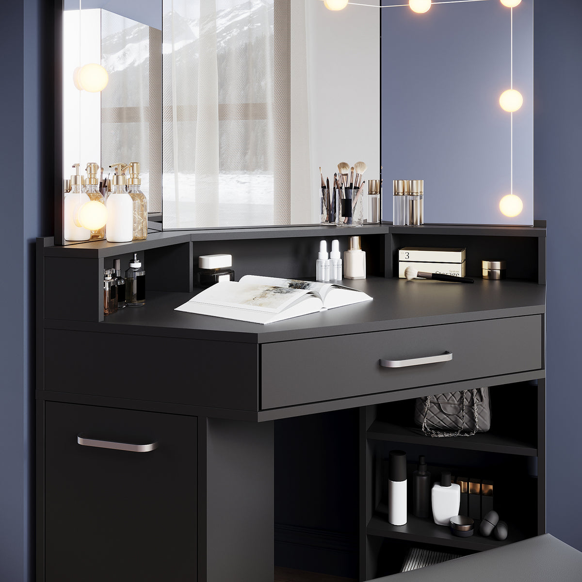 Corner dressing table with movable triple mirror, 3 open compartments, and 2 drawers, black
