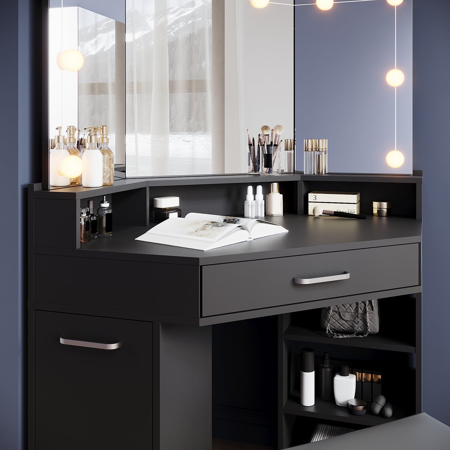 Corner dressing table with movable triple mirror, 3 open compartments, and 2 drawers, black