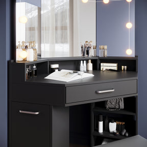 Corner dressing table with movable triple mirror, 3 open compartments, and 2 drawers, black