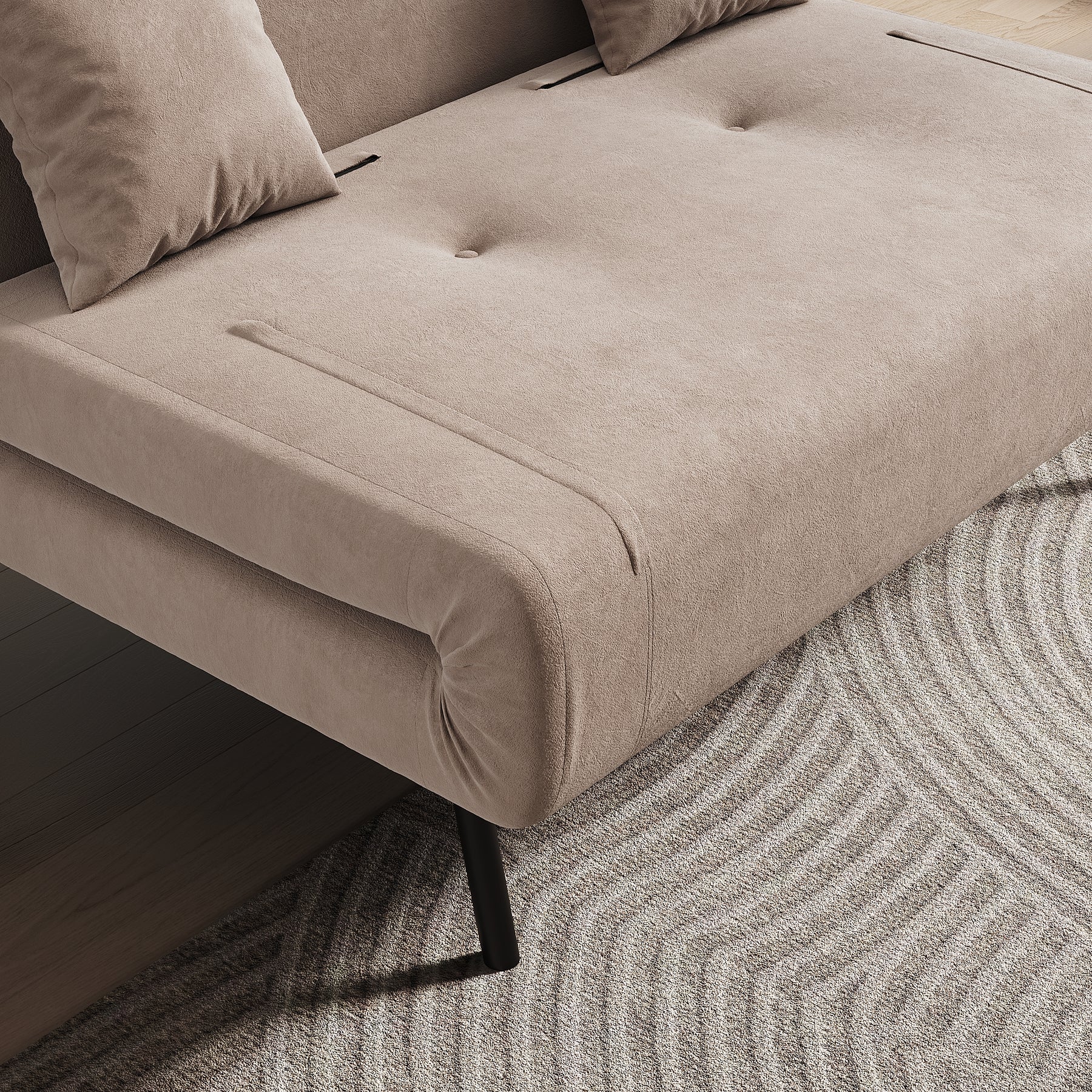 Sofa Bed with Sofa Bed Storage, 3 Fold Design, Iron Legs, 6-Level Backrest Adjustment and 2 Cushions, Khaki