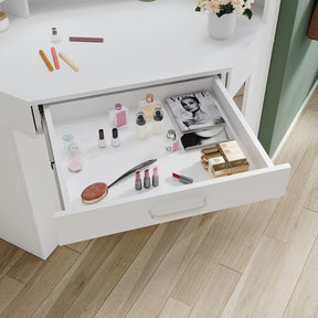 Corner dressing table with movable triple mirror, 3 open compartments, and 2 drawers, white