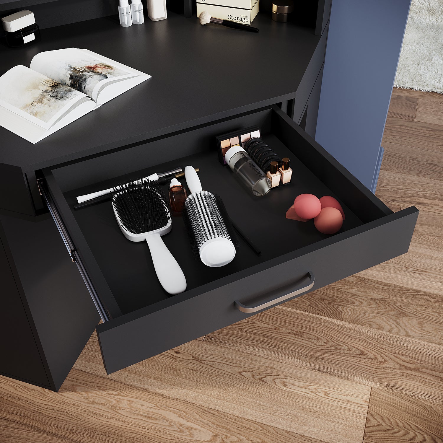 Corner dressing table with movable triple mirror, 3 open compartments, and 2 drawers, black