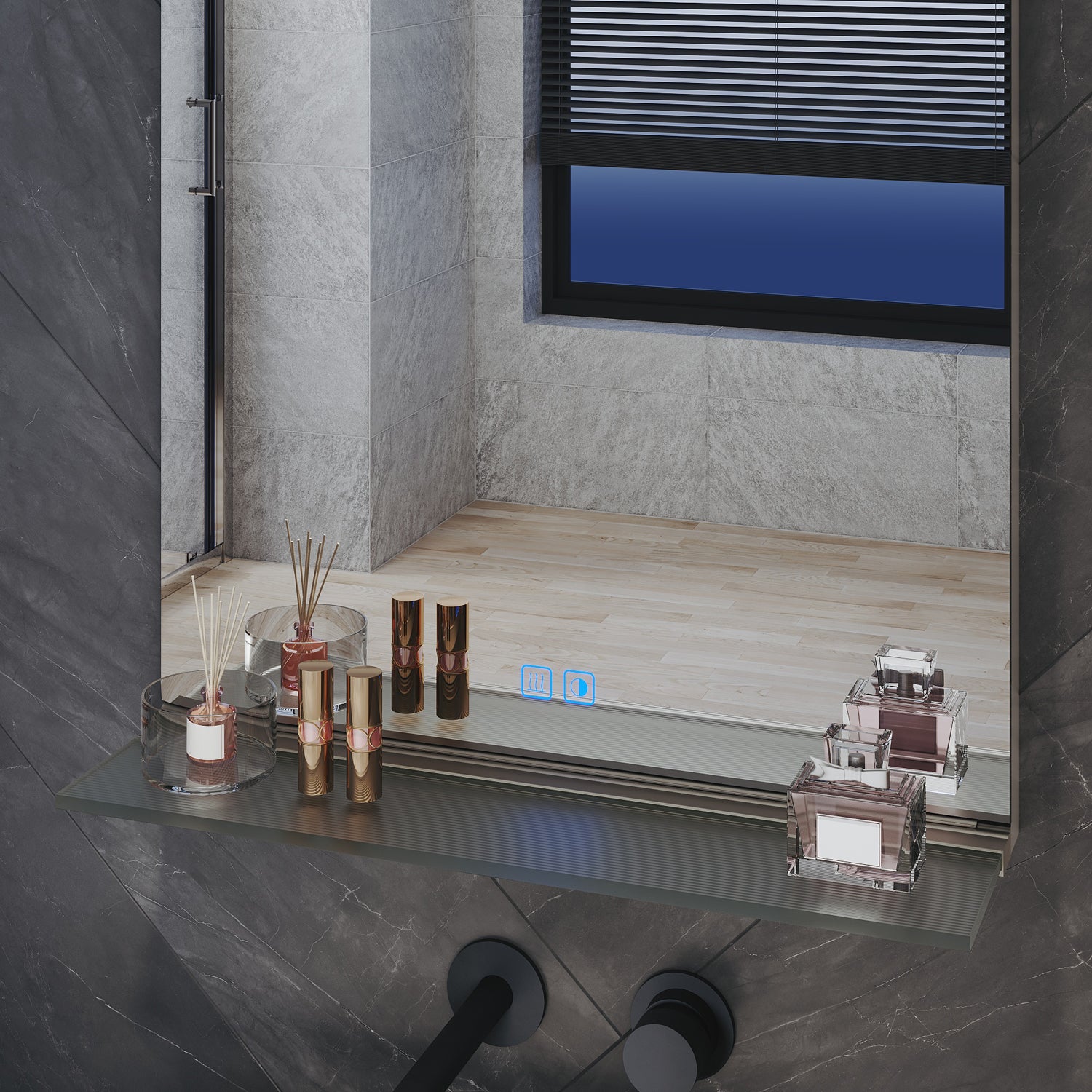 Square Bathroom Mirror with Lighting, 3 Light Colors with LED-Lit Shelf, 500x 700x35mm
