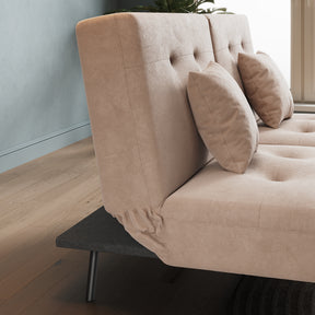 Sofa Bed 2 Seater with Sofa Bed Storage, Double Fold Design, Iron Legs, Adjustable Backrest and 2 Cushions, Khaki