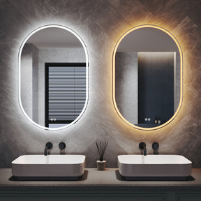 Oval LED bathroom mirror with anti-fog feature and shaver outlet, 800x500x35mm