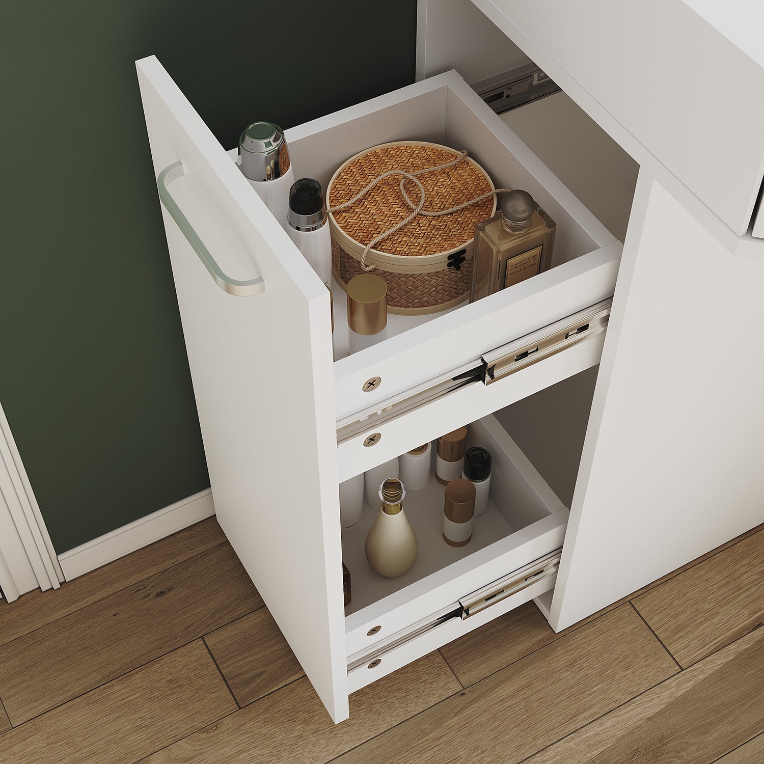 Corner dressing table with movable triple mirror, 3 open compartments, and 2 drawers, white