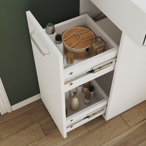 Corner dressing table with movable triple mirror, 3 open compartments, and 2 drawers, white